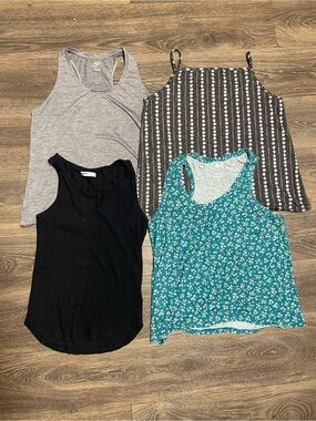 Mixed Women's Tank & Cami Top Set - Black, Gray, Teal Floral, Striped set of 4